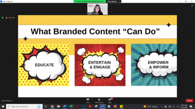 Julia Campbell, general manager of the Meta Branded Content Project, explains to webinar attendees the value readers find in branded content done well.